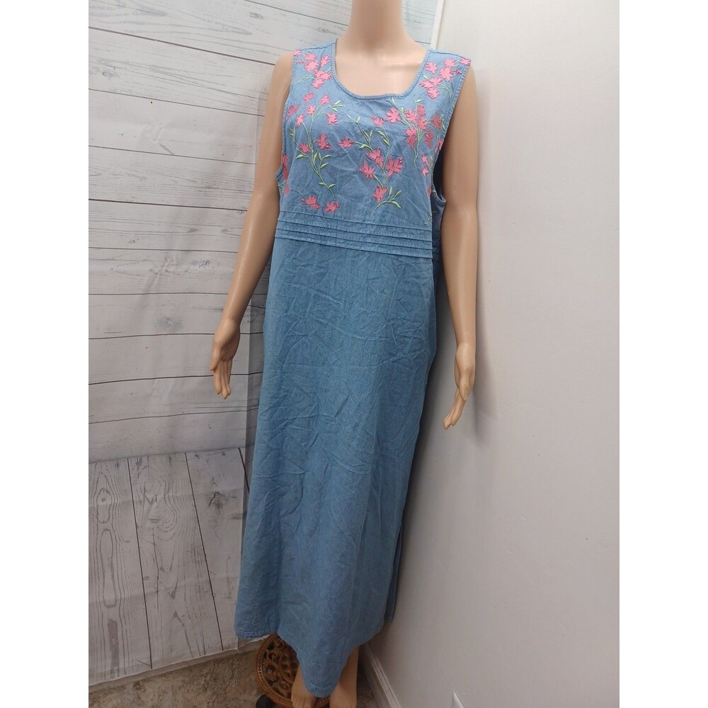Westbound Floral Jumper Dress Embroidery Blue Denim Long Sz M